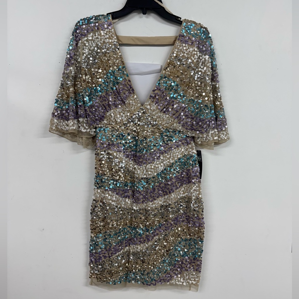 Aidan Mattox Silver Gold Sequin Wrap Mini Dress